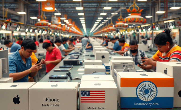Illustration of Apple's plan to move iPhone assembly to India, showcasing a global shift in manufacturing strategy.