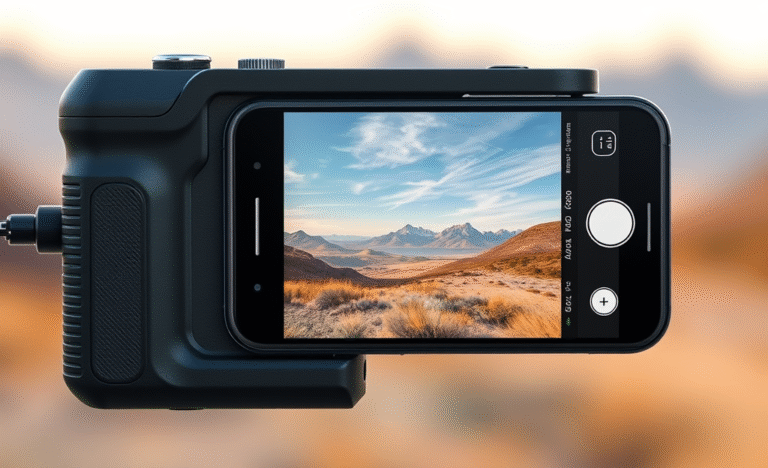 Belkin PowerGrip accessory transforming iPhone into a retro-style camera.