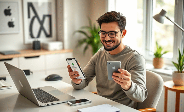 A person setting up their new iPhone 16e with tips and tricks in the background.
