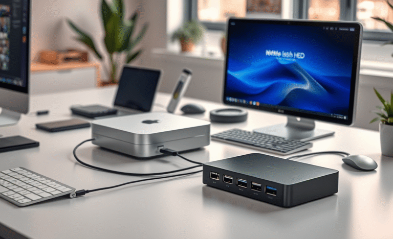 An optimized Mac Mini setup featuring Satechi's M4 Hub with multiple connections and devices.